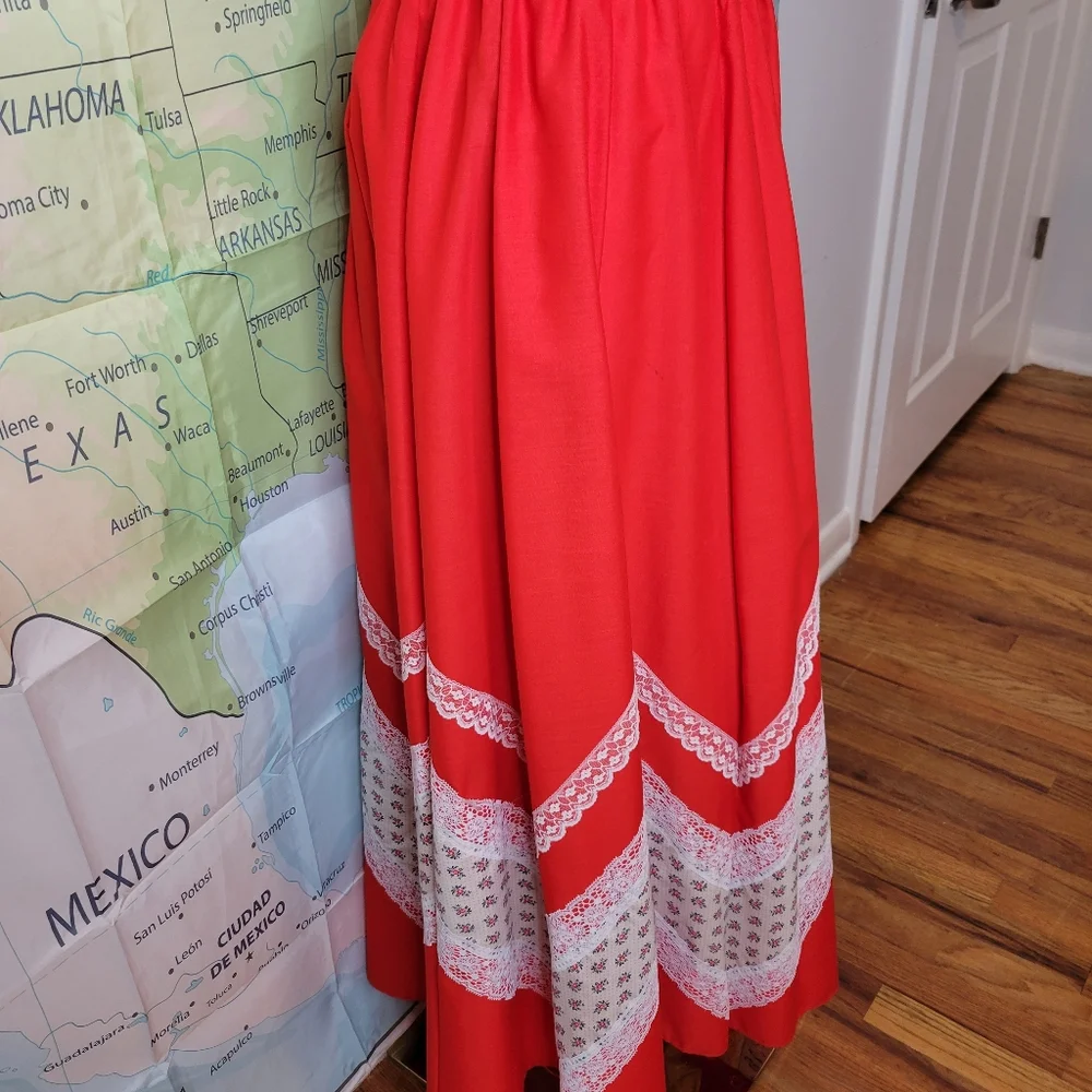 Vintage 1970s Carefree Fashions Red Lace Trim Maxi Skirt - Picture 5 of 16